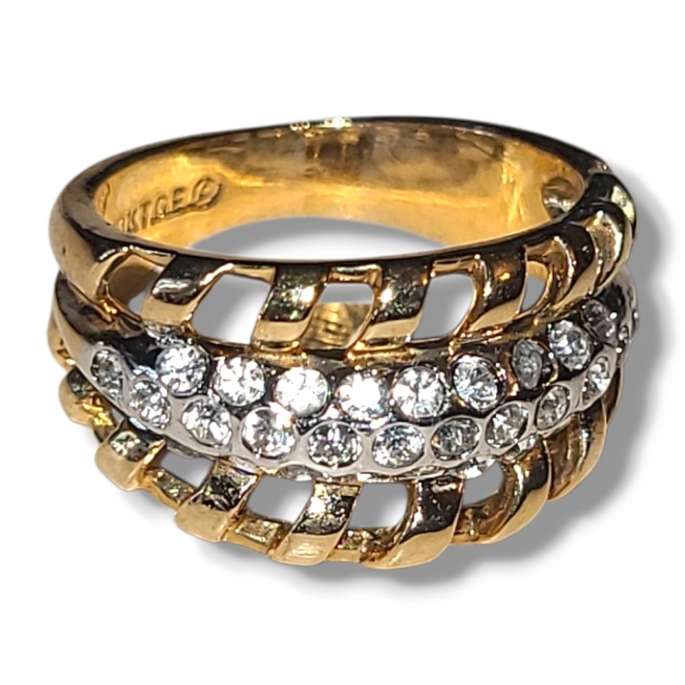 Vintage 18K HGE CZ Rhinestone Cocktail Ring Size 6 Gold Tone Wide Band Estate